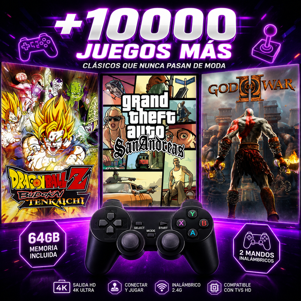 🎮 Mini Consola Retro Game Stick 4K + 2 Mandos Inalámbricos | Más de 10,000 Juegos Clásicos | 64 GB